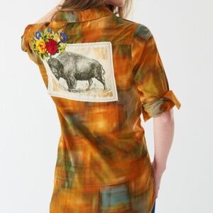 Montanaco Burnt Orange plaid shirt Buffalo patch Floral Emb XS S M L